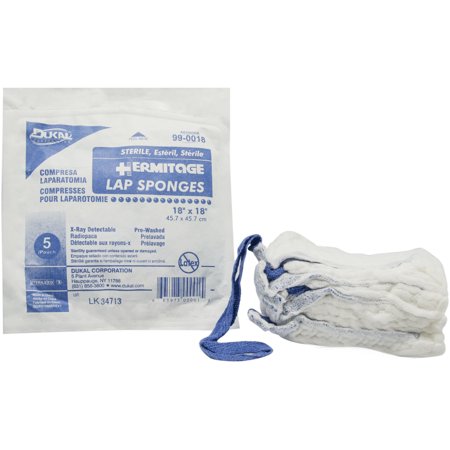 Dukal Laparotomy Sponge, 18" x 18", Sterile, Prewashed, X-Ray Detectable, Softpack, 5/pkg