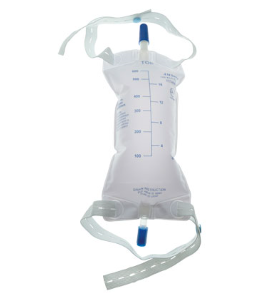AMSure Leg Bag, Medium, 600mL, Bottom Draining, Anti-reflux valve, Twist Turn Valve, 2 Pre-Assembled Straps, Latex Free, Sterile Fluid Pathway