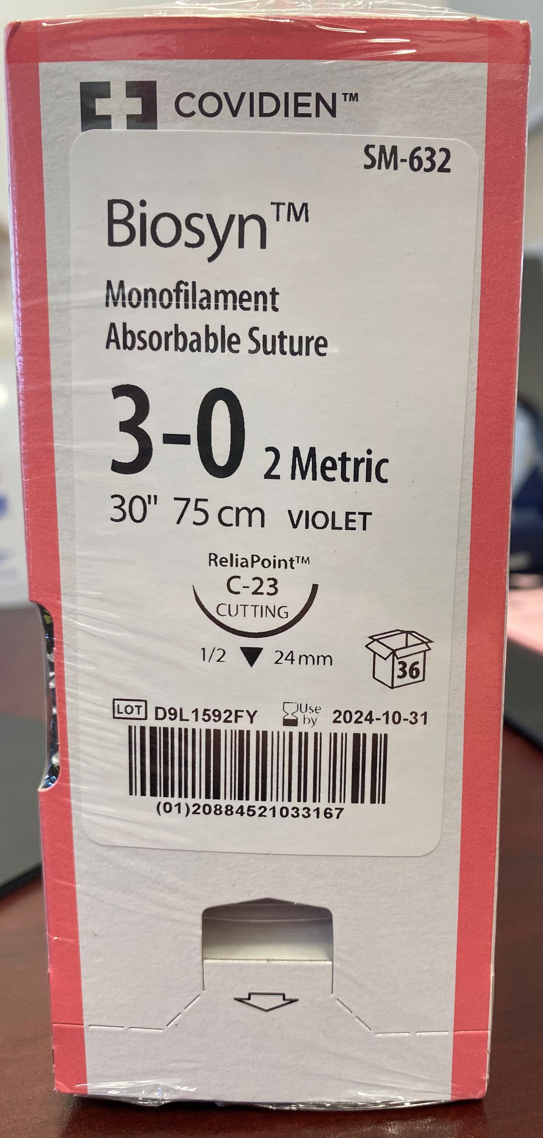 Biosyn Monofilament Absorbable Sutures Size 3-0 USP (2 Metric), 30" (75cm) VIOLET on C-23 1/2 (24mm) Cutting Needle  - 36/box