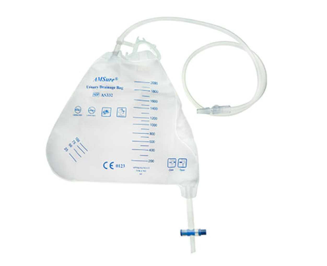 AMSure Night Drainage Bag, 2000ml, Anti-Reflux Chamber, Pre-Pierced Needle-Free Sampling Port (Luer Slip or Blunt Cannula Compatible), Single Hook and Rope Hanger, T-Tap Drain Port, Sterile Fluid Pathway, Latex Free